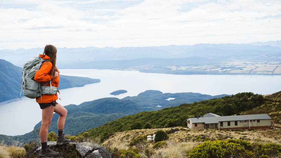 Taking in the best views in Te Anau over Luxmore Hut and Lake Te Anau.