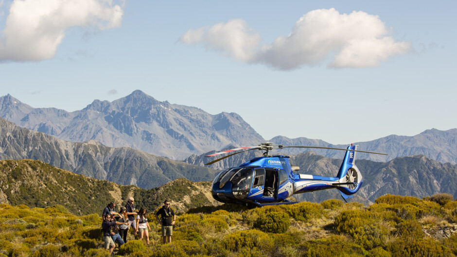 South Pacific Helicopters EC130 landed on our Scenic Tour with Kaikoura Seaward Ranges in the background.