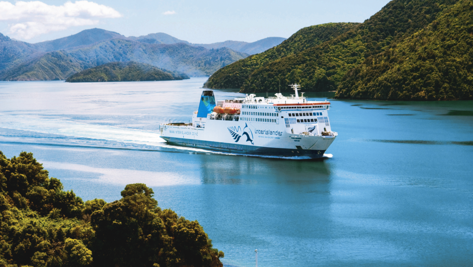 Interislander ferry cruising through the beautiful Marlborough Sounds