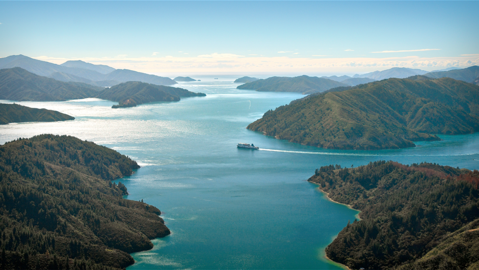 Aerial view of ferry in the Marlborough Sounds