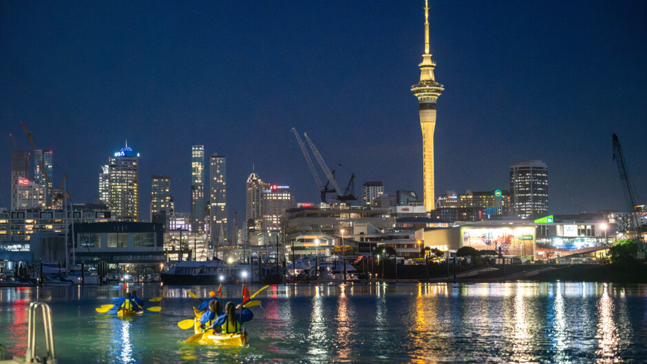 Paddling in front of the Auckland Sky Tower at night.