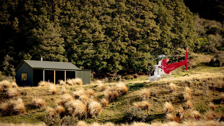 Exclusive helicopter arrival to The Greenstone Hut.