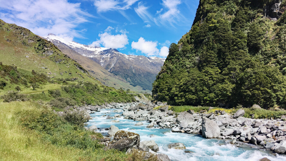 Crossing the glacier fed Matukituki River