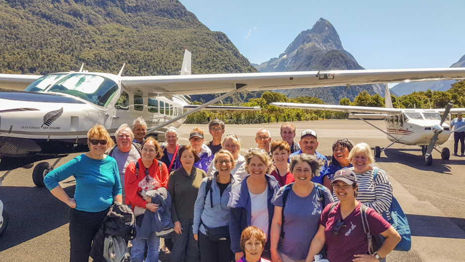 Group photo before Milford Sound scenic flight