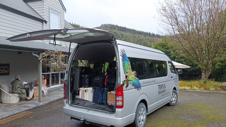 Private Transport to and from Maruia River Retreat. Seating for 9 persons & lugagge in the van or 11 persons with a luggage trailer