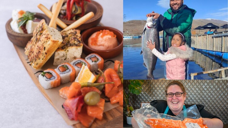 Collage of Logans Ultimate Salmon Plank, a happy Catch-A-Fish customer and a salmon fillet from the Fish Shop