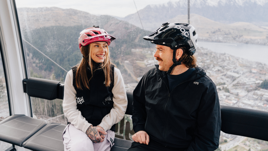 A Gondola cabin carries two riders and the bikes to the top of the Gondola.