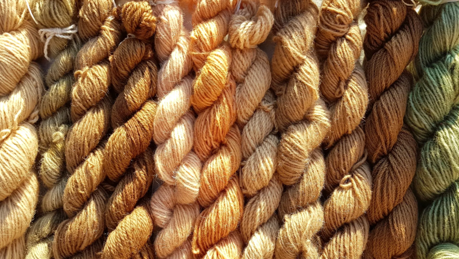 Bundles of materials dyed using plants and organic matter, used in our Eco Dyeing Workshop.