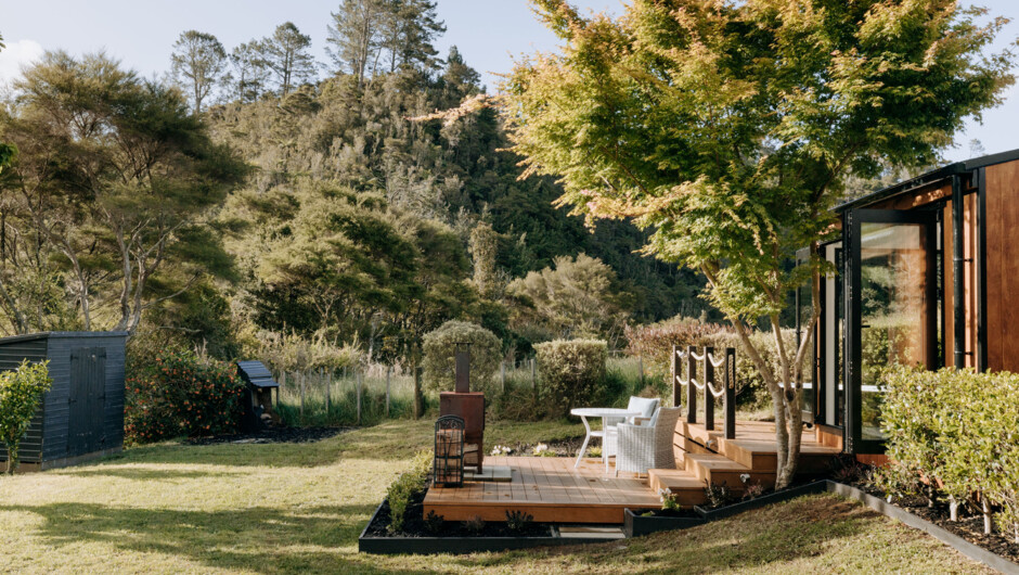 Outside deck and fire place.