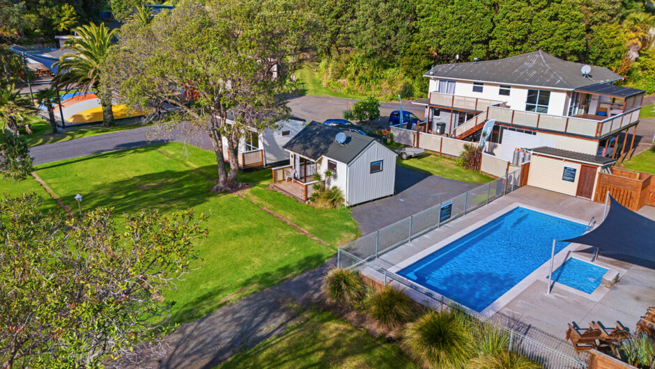 Aerial view of the pool facilities at Tasman Holiday Parks - Ohiwa