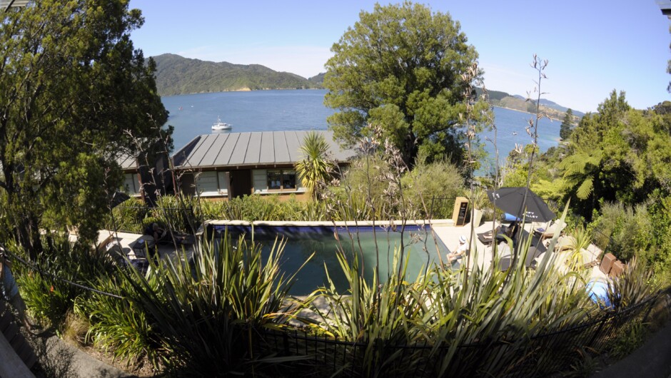 pool with bay in background