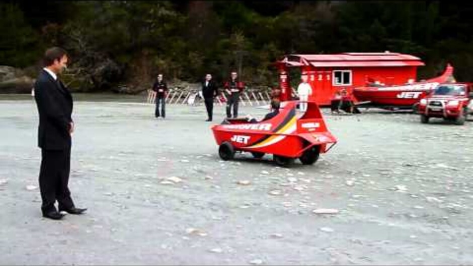 New Zealand Prime Minister John Key drives the smallest 'jet boat' at Shotover Jet!