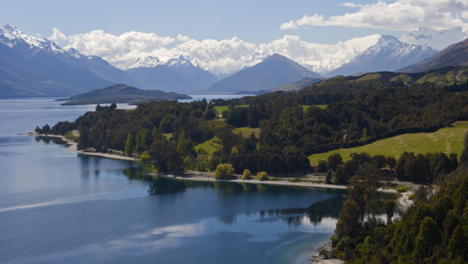 Pristine view up towards Glenorchy, Mt Earnslaw and the Southern Alps