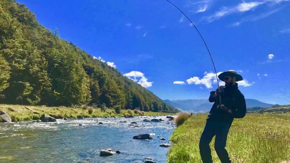 Hooked into a big rainbow trout